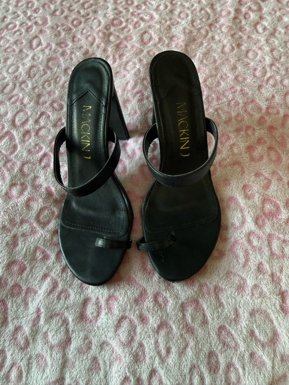 MACKINJ Black Leather Strappy Heeled Sandals for Women